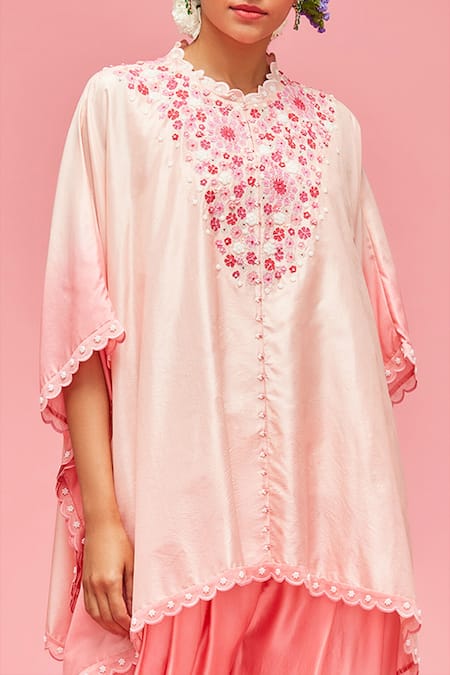 Nachiket Barve_Peach Dhoti Pant Satin, Poncho Top Silk Mandarin Collar Embroidered And Set_Online_at_Aza_Fashions