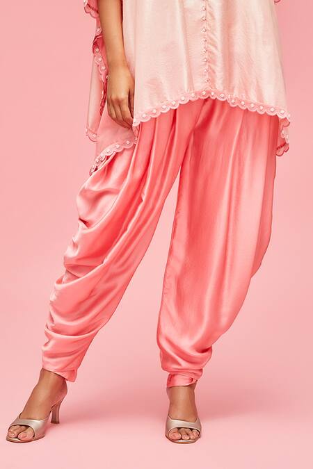 Buy_Nachiket Barve_Peach Dhoti Pant Satin, Poncho Top Silk Mandarin Collar Embroidered And Set_Online_at_Aza_Fashions