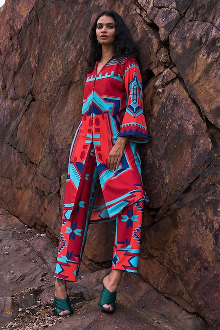 Dash and Dot Multi Color 100% Polyester Tribal V Neck Top And Pant Set 