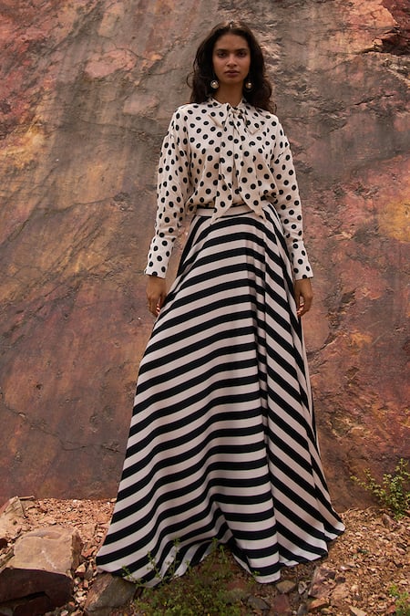 Dash And Dot White 100% Polyester Polka Dots High With Bow-tie Print Blouse And Skirt Set Online at Aza Fashions Dash And Dot_White 100% Polyester Polka Dots High With Bow-tie Print Blouse And Skirt Set _Online_at_Aza_Fashions