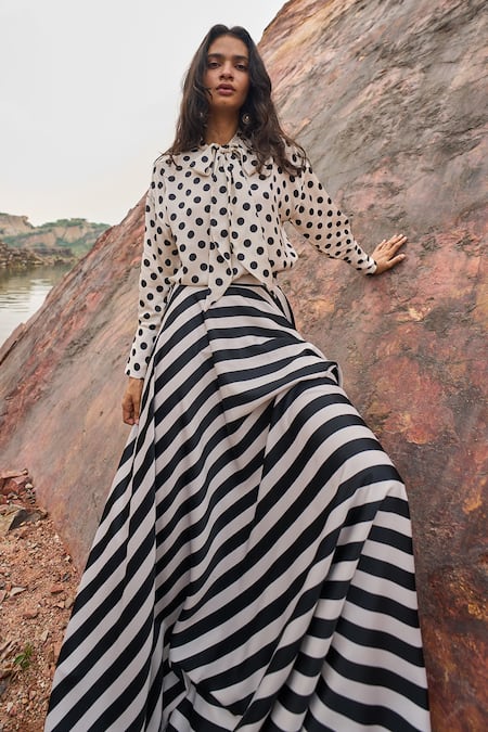 Shop Dash And Dot White 100% Polyester Polka Dots High With Bow-tie Print Blouse And Skirt Set Online at Aza Fashions Shop_Dash And Dot_White 100% Polyester Polka Dots High With Bow-tie Print Blouse And Skirt Set _Online_at_Aza_Fashions