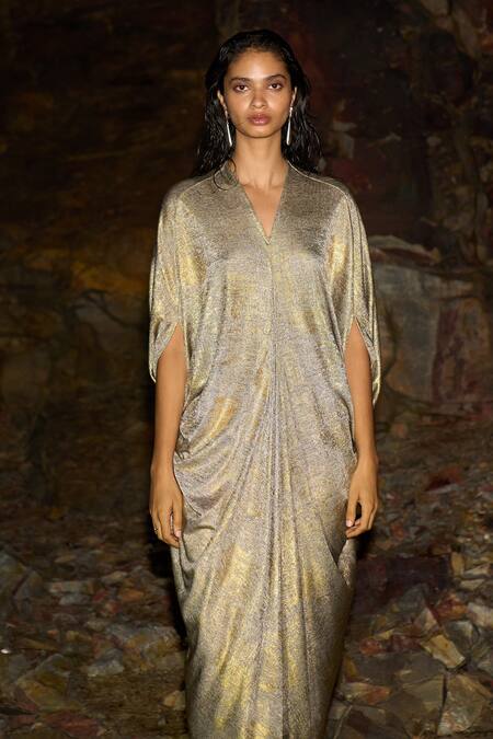 Dash And Dot_Beige 4% Lycra, 96% Polyester Foil Print V Neck Kaftan Dress_at_Aza_Fashions