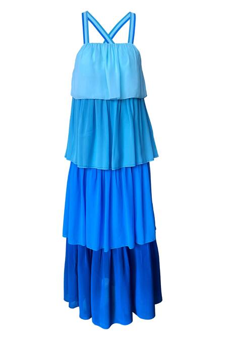 Dash And Dot_Blue 100% Polyester Plain Square Neck Ombre Tiered Gown_Online_at_Aza_Fashions