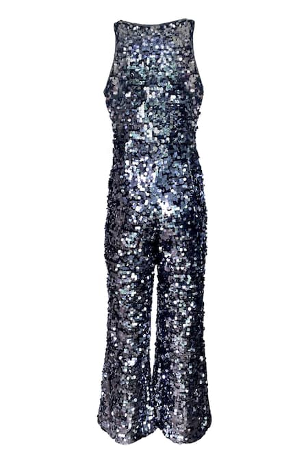 Buy_Dash And Dot_Grey Shell 100% Nylon/ Lining 100% Polyester Sequin Deep Embellished Jumpsuit_Online_at_Aza_Fashions