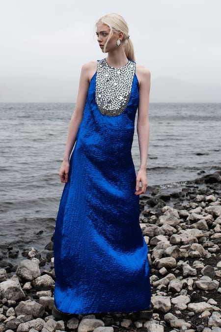 Shop Dash And Dot Blue 100% Polyester Satin Mirror Round Embroidered Gown at Aza Fashions Shop_Dash And Dot_Blue 100% Polyester Satin Mirror Round Embroidered Gown_at_Aza_Fashions