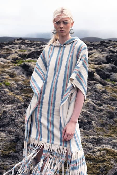 Shop_Dash And Dot_Multi Color 100% Cotton Stripe Shawl Collar Print Poncho_Online_at_Aza_Fashions