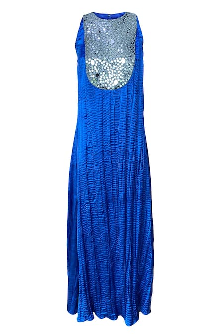 Dash And Dot Blue 100% Polyester Satin Mirror Round Embroidered Gown Online at Aza Fashions Dash And Dot_Blue 100% Polyester Satin Mirror Round Embroidered Gown_Online_at_Aza_Fashions