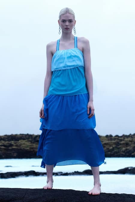 Shop_Dash And Dot_Blue 100% Polyester Plain Square Neck Ombre Tiered Gown_Online_at_Aza_Fashions