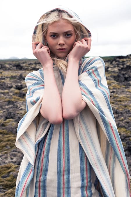 Dash And Dot_Multi Color 100% Cotton Stripe Shawl Collar Print Poncho_at_Aza_Fashions