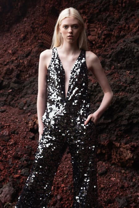 Dash And Dot_Grey Shell 100% Nylon/ Lining 100% Polyester Sequin Deep Embellished Jumpsuit_at_Aza_Fashions