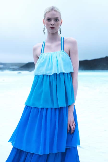 Dash And Dot_Blue 100% Polyester Plain Square Neck Ombre Tiered Gown_at_Aza_Fashions