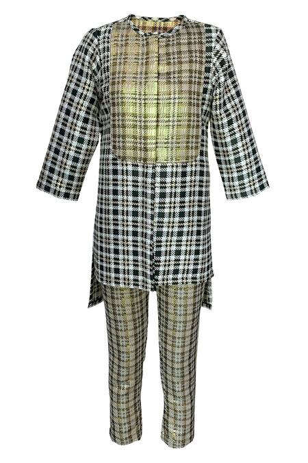 Dash And Dot_Black 14% Lurex, 86% Polyester Checkered Round Pattern Top And Pant Set_Online_at_Aza_Fashions