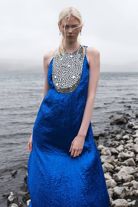 Shop Dash And Dot Blue 100% Polyester Satin Mirror Round Embroidered Gown Online at Aza Fashions Shop_Dash And Dot_Blue 100% Polyester Satin Mirror Round Embroidered Gown_Online_at_Aza_Fashions