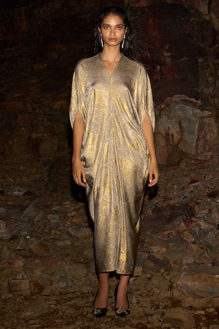 Buy_Dash And Dot_Beige 4% Lycra, 96% Polyester Foil Print V Neck Kaftan Dress_Online_at_Aza_Fashions