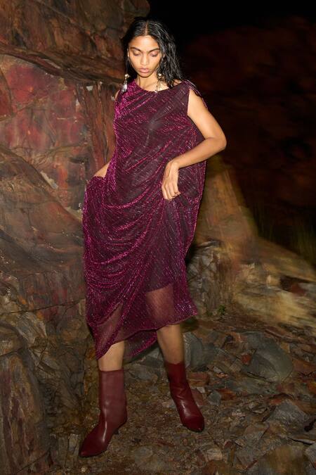 Buy Dash And Dot Purple 38% Polyester, 62% Lurex Plain Asymmetric One Shoulder Draped Dress Online at Aza Fashions Buy_Dash And Dot_Purple 38% Polyester, 62% Lurex Plain Asymmetric One Shoulder Draped Dress _Online_at_Aza_Fashions