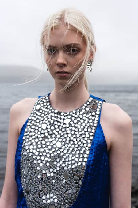 Dash And Dot Blue 100% Polyester Satin Mirror Round Embroidered Gown at Aza Fashions Dash And Dot_Blue 100% Polyester Satin Mirror Round Embroidered Gown_at_Aza_Fashions