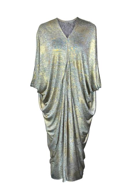 Shop_Dash And Dot_Beige 4% Lycra, 96% Polyester Foil Print V Neck Kaftan Dress_Online_at_Aza_Fashions