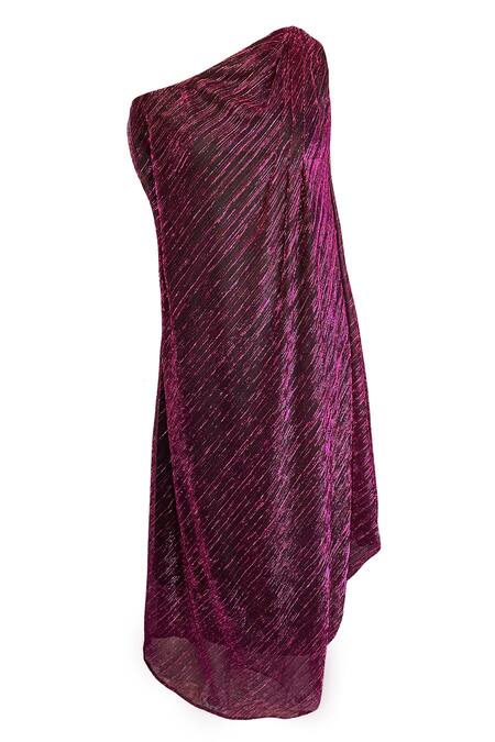 Shop Dash And Dot Purple 38% Polyester, 62% Lurex Plain Asymmetric One Shoulder Draped Dress Online at Aza Fashions Shop_Dash And Dot_Purple 38% Polyester, 62% Lurex Plain Asymmetric One Shoulder Draped Dress _Online_at_Aza_Fashions