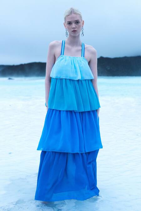 Dash And Dot Blue 100% Polyester Plain Square Neck Ombre Tiered Gown