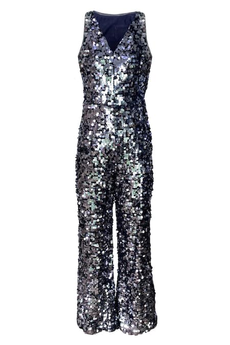 Dash And Dot_Grey Shell 100% Nylon/ Lining 100% Polyester Sequin Deep Embellished Jumpsuit_Online_at_Aza_Fashions