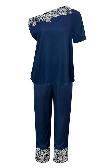 Dash And Dot Blue 100% Viscose Floral Asymmetric One Shoulder Top And Pant Set Online at Aza Fashions Dash And Dot_Blue 100% Viscose Floral Asymmetric One Shoulder Top And Pant Set _Online_at_Aza_Fashions