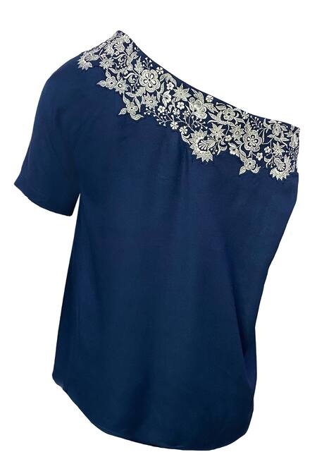 Buy Dash And Dot Blue 100% Viscose Floral Asymmetric One Shoulder Top And Pant Set Online at Aza Fashions Buy_Dash And Dot_Blue 100% Viscose Floral Asymmetric One Shoulder Top And Pant Set _Online_at_Aza_Fashions