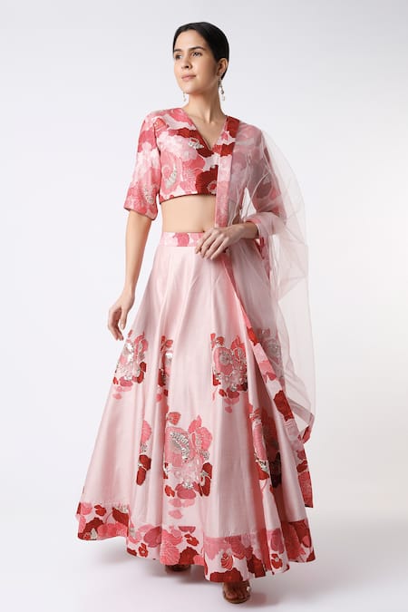 Archana Shah Red Bamberg Silk Printed Floral Motifs V Neck Lehenga Set 