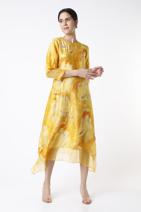 Archana Shah Yellow Bamberg Silk Printed Floral Motifs Round Asymmetric Tunic