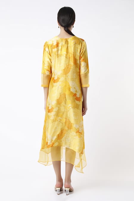 Shop Archana Shah Yellow Organza, Bamberg Silk Floral Motifs Round Asymmetric Printed Tunic at Aza Fashions Shop_Archana Shah_Yellow Organza, Bamberg Silk Floral Motifs Round Asymmetric Printed Tunic_at_Aza_Fashions