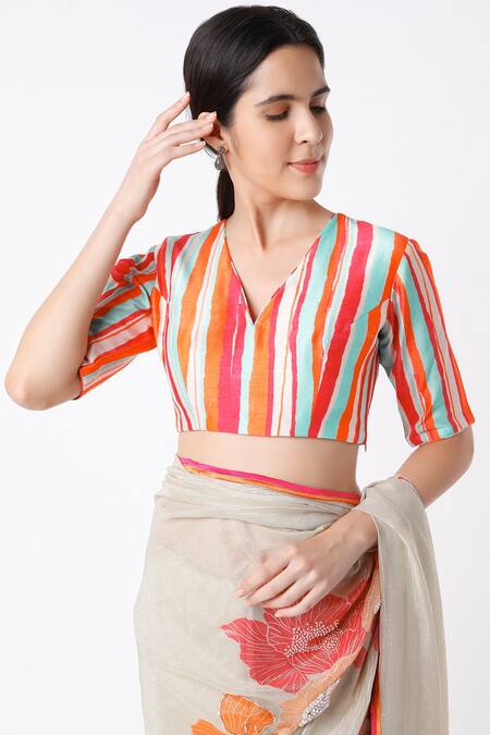 Archana Shah Beige Georgette Printed Floral Motifs V Neck Shimmer Saree With Stripe Blouse Online at Aza Fashions Archana Shah_Beige Georgette Printed Floral Motifs V Neck Shimmer Saree With Stripe Blouse _Online_at_Aza_Fashions