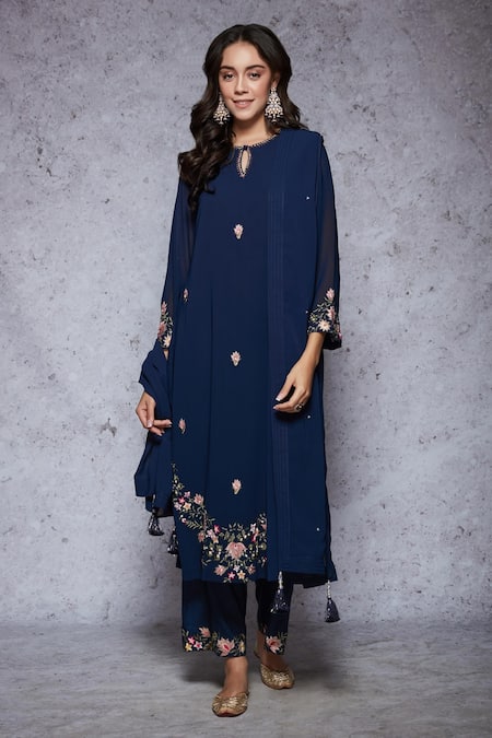 Ajiesh Oberoi Blue Georgette, Rayon Round Embroidered Kurta Set Online at Aza Fashions Ajiesh Oberoi_Blue Georgette, Rayon Round Embroidered Kurta Set _Online_at_Aza_Fashions