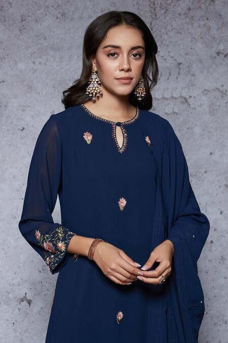 Shop Ajiesh Oberoi Blue Georgette, Rayon Round Embroidered Kurta Set Online at Aza Fashions Shop_Ajiesh Oberoi_Blue Georgette, Rayon Round Embroidered Kurta Set _Online_at_Aza_Fashions