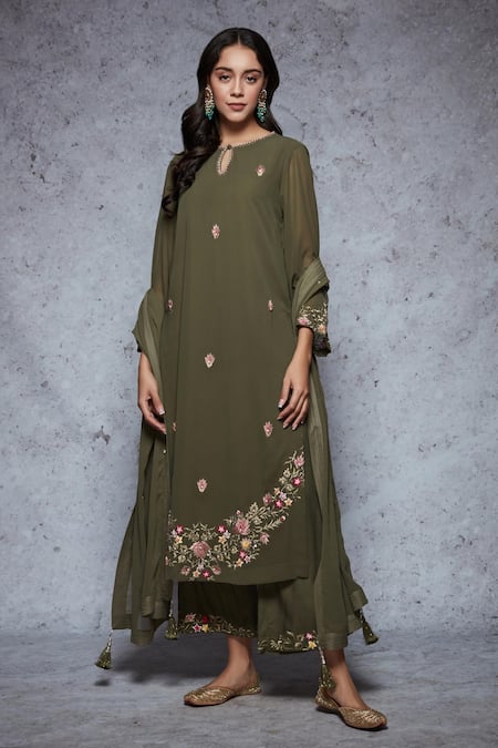 Ajiesh Oberoi Green Georgette, Rayon Round Embroidered Kurta Set 