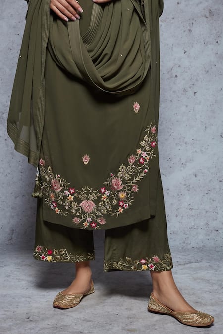 Buy_Ajiesh Oberoi_Green Georgette, Rayon Round Embroidered Kurta Set _Online_at_Aza_Fashions