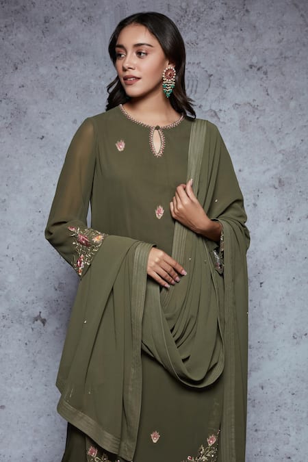 Shop_Ajiesh Oberoi_Green Georgette, Rayon Round Embroidered Kurta Set _Online_at_Aza_Fashions