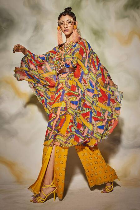 Diyarajvvir Multi Color Georgette Geometric Notched Print Kaftan And Pant Set Online at Aza Fashions Diyarajvvir_Multi Color Georgette Geometric Notched Print Kaftan And Pant Set _Online_at_Aza_Fashions