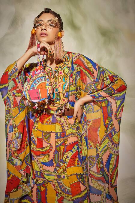 Buy Diyarajvvir Multi Color Georgette Geometric Notched Print Kaftan And Pant Set Online at Aza Fashions Buy_Diyarajvvir_Multi Color Georgette Geometric Notched Print Kaftan And Pant Set _Online_at_Aza_Fashions