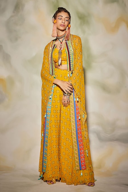 Diyarajvvir_Yellow Georgette Floral, Geometric Kaftan Open Printed And Sharara Set _Online_at_Aza_Fashions