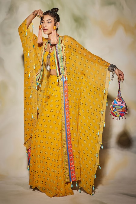Buy_Diyarajvvir_Yellow Georgette Floral, Geometric Kaftan Open Printed And Sharara Set _Online_at_Aza_Fashions