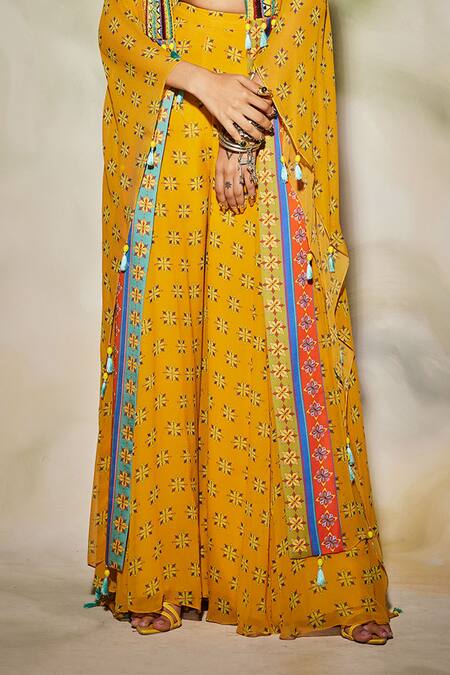 Shop_Diyarajvvir_Yellow Georgette Floral, Geometric Kaftan Open Printed And Sharara Set _Online_at_Aza_Fashions