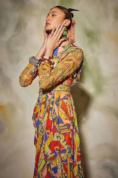 Diyarajvvir_Multi Color Tulle, Georgette, Modal Geometric Round Print Gharara Saree Set _Online_at_Aza_Fashions