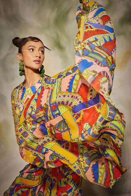 Buy_Diyarajvvir_Multi Color Tulle, Georgette, Modal Geometric Round Print Gharara Saree Set _Online_at_Aza_Fashions