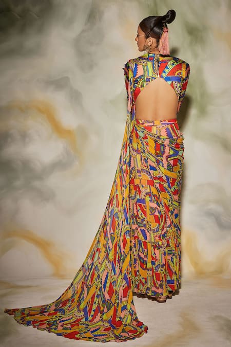 Shop_Diyarajvvir_Multi Color Georgette, Cotton Silk, Modal Geometric Print Gharara Saree Set _at_Aza_Fashions