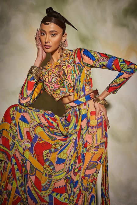 Buy_Diyarajvvir_Multi Color Georgette, Cotton Silk, Modal Geometric Print Gharara Saree Set _Online_at_Aza_Fashions