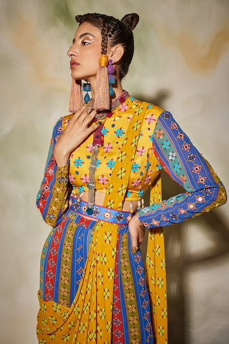 Buy_Diyarajvvir_Multi Color Georgette, Modal Geometric Round Print Gharara Saree Set _Online_at_Aza_Fashions