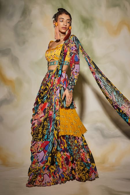 DiyaRajvvir Multi Color Modal Printed Aztec V Neck Layered Skirt Saree Set 