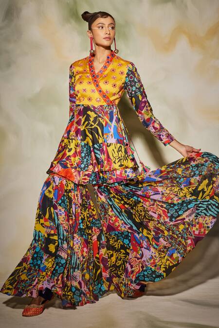 Diyarajvvir_Multi Color Georgette, Modal Aztec V Neck Print Angrakha And Gharara Set _Online_at_Aza_Fashions