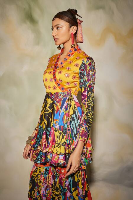 Buy_Diyarajvvir_Multi Color Georgette, Modal Aztec V Neck Print Angrakha And Gharara Set _Online_at_Aza_Fashions