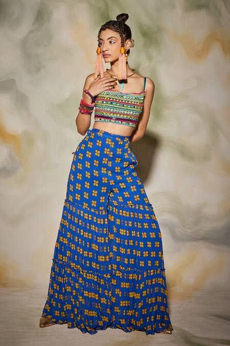 Shop_Diyarajvvir_Blue Georgette, Cotton Silk Floral Square Neck Cape And Printed Gharara Set _Online_at_Aza_Fashions