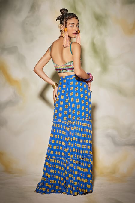 Diyarajvvir_Blue Georgette, Cotton Silk Floral Square Neck Cape And Printed Gharara Set _Online_at_Aza_Fashions